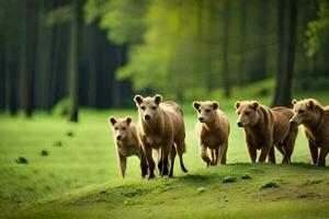un grupo de marrón vacas caminando en el césped. generado por ai foto