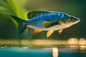 un pescado con azul y amarillo aletas es nadando en el agua. generado por ai foto