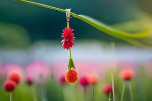 a red flower hanging from a plant in a field. AI-Generated photo