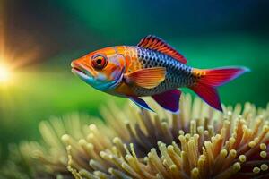 a fish swimming in an aquarium with bright sunlight. AI-Generated photo