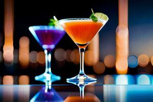 two cocktails on a table with a blurred background. AI-Generated photo