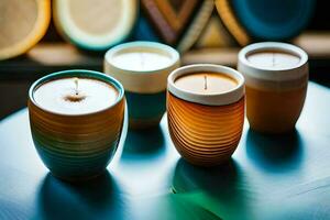 Tres velas sentar en un mesa con un azul antecedentes. generado por ai foto