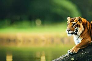 a tiger sitting on a log near water. AI-Generated photo
