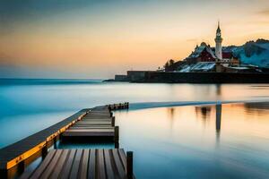 a wooden pier leads to a church at sunset. AI-Generated photo
