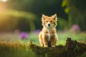 a small fox sitting on top of a stump in the grass. AI-Generated photo