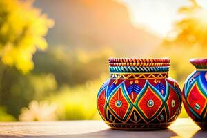 two colorful vases are sitting on a table. AI-Generated photo