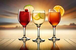 three glasses of different drinks with a sunset in the background. AI-Generated photo