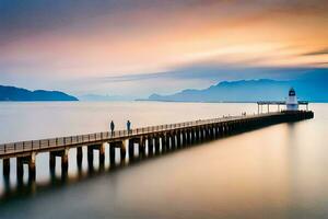 un largo exposición fotografía de un muelle a puesta de sol. generado por ai foto