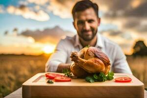 a man is holding a chicken on a cutting board. AI-Generated photo