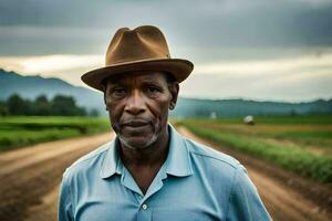 un hombre en un sombrero en pie en un campo. generado por ai foto