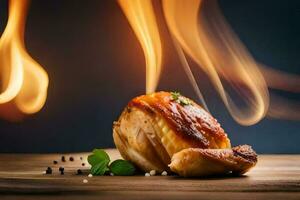 a piece of chicken on a wooden table with flames. AI-Generated photo