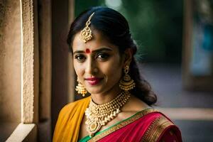 beautiful indian bride in traditional sari. AI-Generated photo