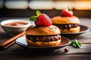two hamburgers with strawberries on top. AI-Generated photo