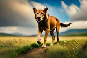 a dog walking on a dirt road in a field. AI-Generated photo