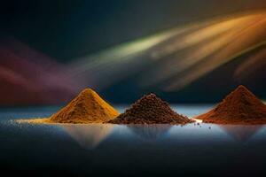 three different colored powders on a dark surface. AI-Generated photo