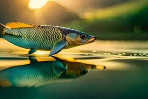 a fish is standing on the water with the sun setting behind it. AI-Generated photo