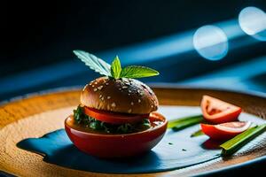 un hamburguesa en un plato con Tomates y hierbas. generado por ai foto