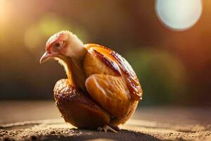 a chicken is sitting on the ground with its legs spread out. AI-Generated photo