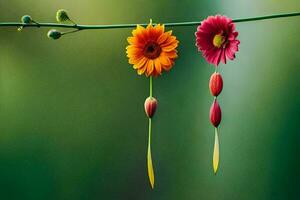 two colorful flowers hanging from a branch. AI-Generated photo