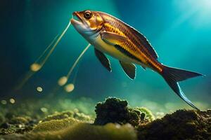 un pescado nadando en el Oceano con un pescado gancho. generado por ai foto