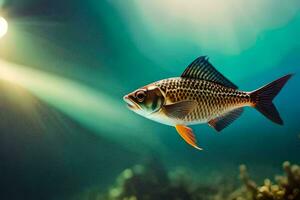 un pescado nadando en el Oceano con luz de sol brillante. generado por ai foto