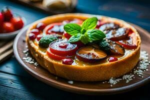 a dessert with fruit and vegetables on a wooden plate. AI-Generated photo