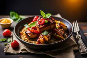 a bowl of tofu with vegetables and sauce. AI-Generated photo