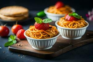 spaghetti with tomato sauce in a bowl with fresh strawberries on a wooden board. AI-Generated photo
