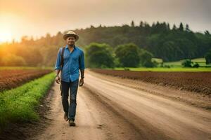 a man walking down a dirt road with a hat on. AI-Generated photo