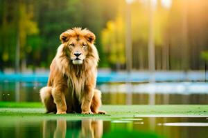 a lion sitting on the grass near a pond. AI-Generated photo