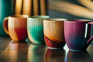 a row of colorful coffee mugs lined up on a table. AI-Generated photo