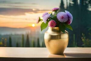 a golden vase with purple flowers on a table. AI-Generated photo