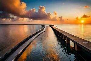 a pier with a dock and a sunset in the background. AI-Generated photo