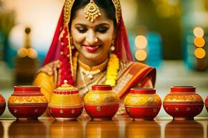 un mujer en tradicional indio atuendo es participación un maceta. generado por ai foto