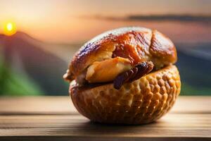 a chicken bun on a wooden table with a sunset in the background. AI-Generated photo