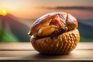 un pollo bollo en un de madera mesa con un puesta de sol en el antecedentes. generado por ai foto