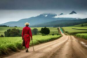 un monje camina a lo largo un suciedad la carretera en el medio de un campo. generado por ai foto