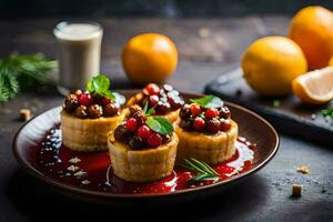 three small cakes with fruit and sauce on a plate. AI-Generated photo