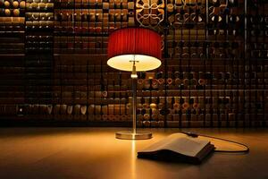 a lamp sitting on a table in front of a wall of books. AI-Generated photo