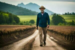 un hombre caminando abajo un suciedad la carretera en un viñedo. generado por ai foto