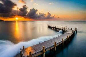 a long exposure photo of a pier in the ocean at sunset. AI-Generated