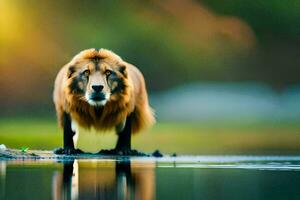 un león en pie en el agua con sus reflexión. generado por ai foto
