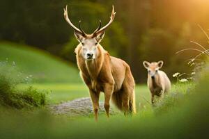 a deer and its young standing in the grass. AI-Generated photo