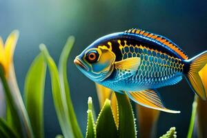 a fish with bright blue and yellow colors. AI-Generated photo