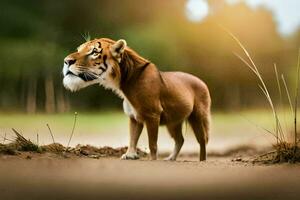 a tiger standing in the dirt with its head turned to the side. AI-Generated photo