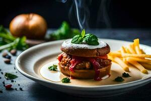 a plate with a burger and fries on it. AI-Generated photo
