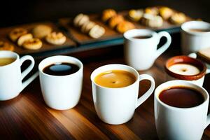 a variety of coffee cups and cookies on a table. AI-Generated photo