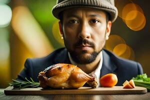 a man in a hat is holding a chicken on a cutting board. AI-Generated photo