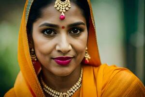 un mujer vistiendo un sari y joyas. generado por ai foto