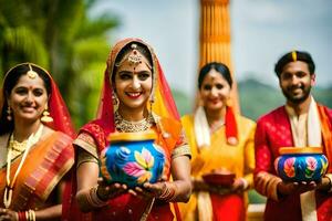 a group of women in traditional indian attire holding colorful pots. AI-Generated photo